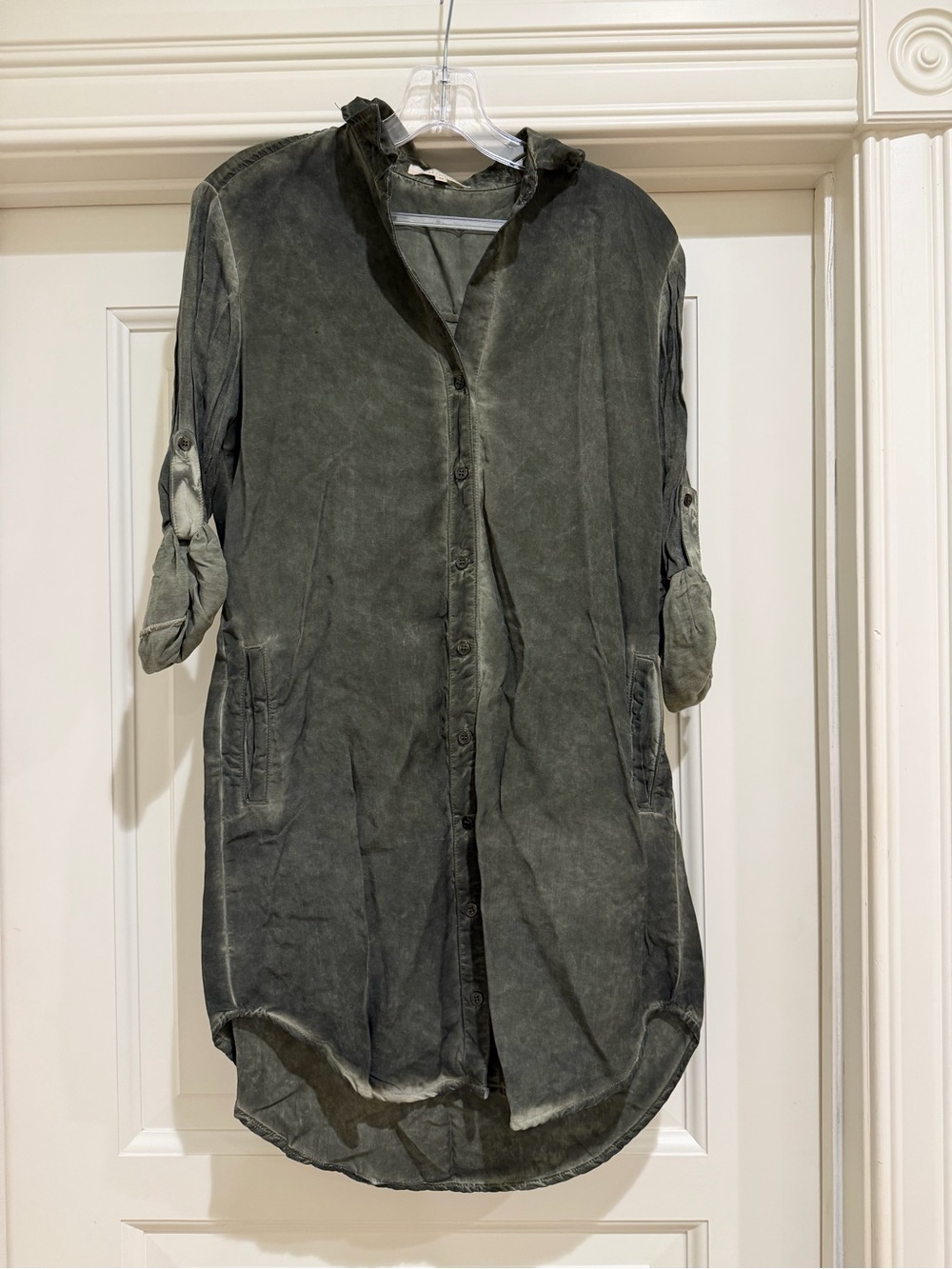 Side Stitch Olive Green Washed Button Front Shirt Dress XS